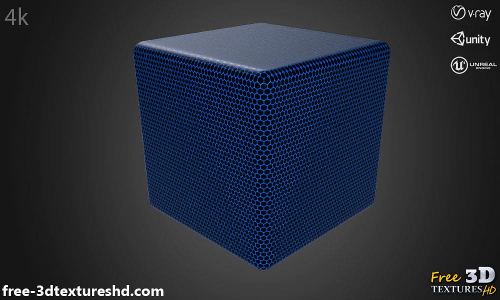 Texture en fibre de carbone hexagonale bleue - Fond d'écran HD 4K - Matériau PBR pour design 3D. Téléchargement gratuit.
