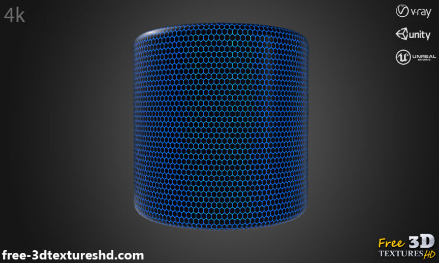 Carbon-fiber-hexagon-blue-light-3d-texture-PBR-material-background-free-download-HD-4K-Unity-Unreal-Vray-render-cylindre