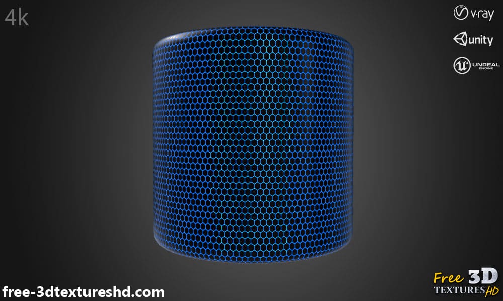 Texture PBR Hexagone Fibre de Carbone avec lumière bleue 3D Haute Résolution Téléchargement Gratuit 4K pour Unreal Unity et Vray