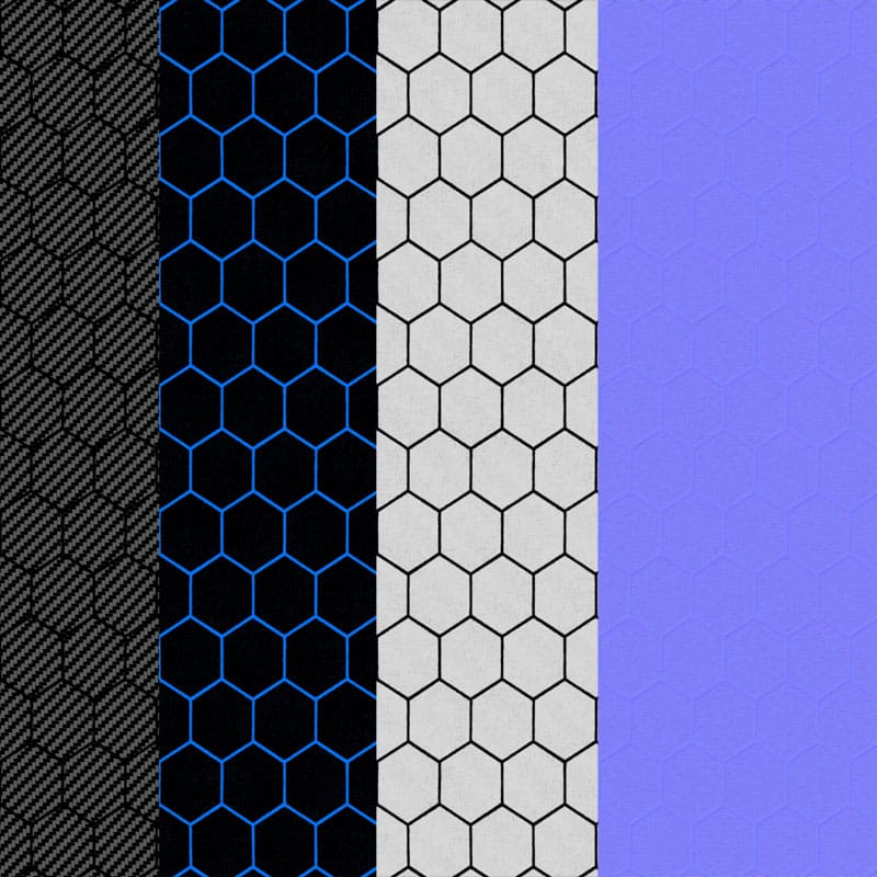 Carbon-fiber-hexagon-blue-light-3d-texture-PBR-material-background-free-download-HD-4K-Unity-Unreal-Vray-render-maps