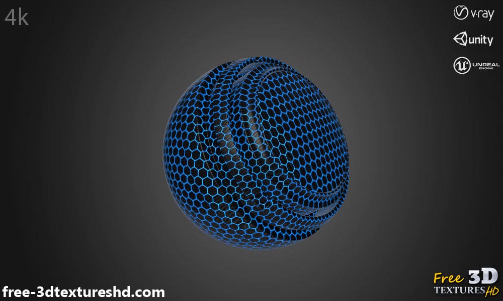 Texture en fibre de carbone hexagonale bleue - Fond d'écran HD 4K - Matériau PBR pour design 3D. Téléchargement gratuit.
