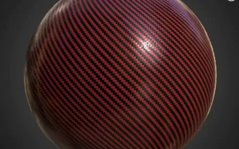 Red carbon fiber 3D texture PBR material, HD 4K, free download for Unity, Unreal, and V-Ray