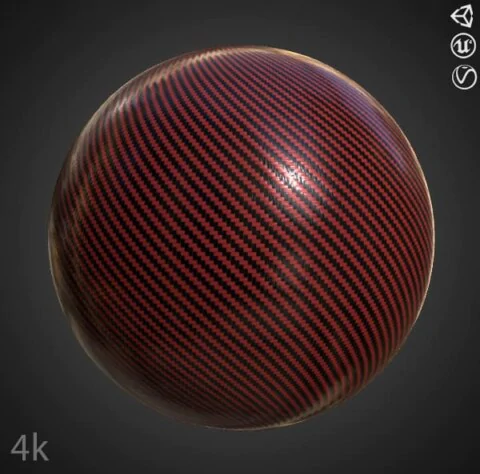 Red carbon fiber 3D texture PBR material, HD 4K, free download for Unity, Unreal, and V-Ray