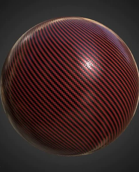 Red carbon fiber 3D texture PBR material, HD 4K, free download for Unity, Unreal, and V-Ray