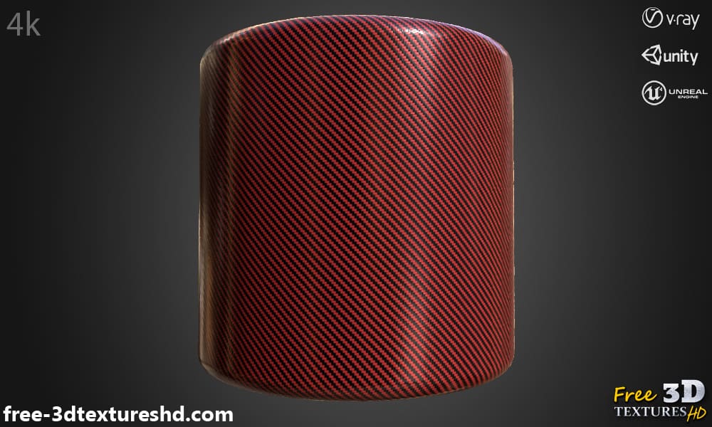 Texture 3D fibre de carbone rouge matériau PBR, HD 4K, téléchargement gratuit pour Unity, Unreal, et V-Ray
