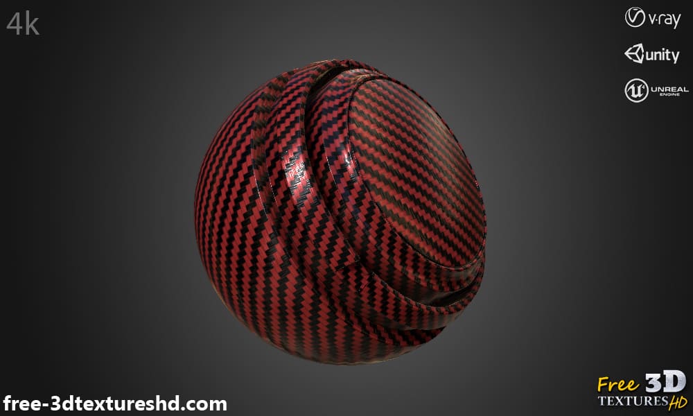 Texture 3D fibre de carbone rouge matériau PBR, HD 4K, téléchargement gratuit pour Unity, Unreal, et V-Ray