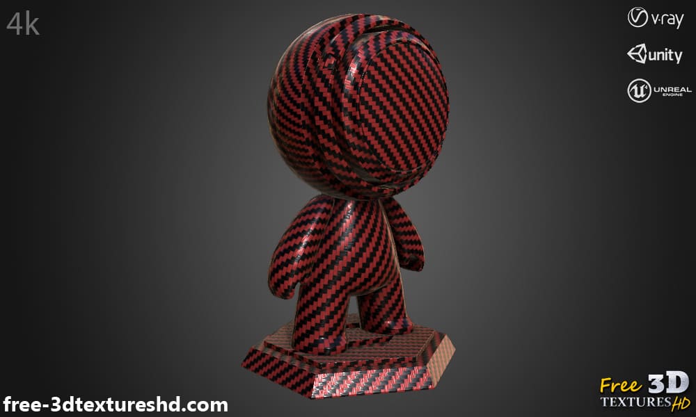 Texture 3D fibre de carbone rouge matériau PBR, HD 4K, téléchargement gratuit pour Unity, Unreal, et V-Ray