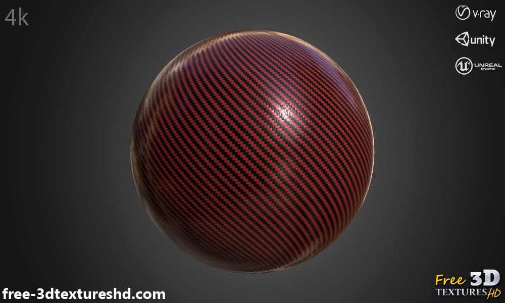 Texture 3D fibre de carbone rouge matériau PBR, HD 4K, téléchargement gratuit pour Unity, Unreal, et V-Ray