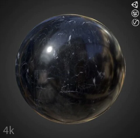 Black marble PBR texture 3D, high resolution, HD 4K free download for Unity, Unreal, and V-Ray