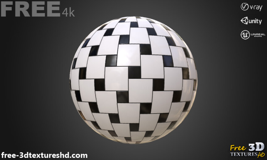 Black-and-white-square-ceramic-tile-PBR-texture-3D-free-download-High-resolution-Unity-Unreal-Vray-render