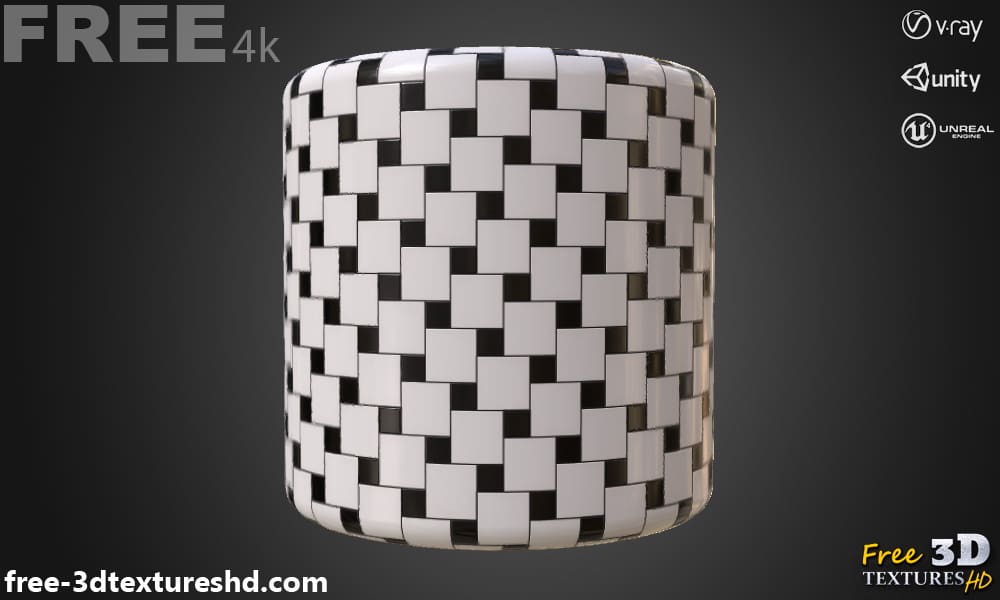 Carreaux carrés en céramique à carreaux noirs et blancs, texture PBR sans couture 3D, haute résolution, HD 4K, téléchargement gratuit pour Unity, Unreal et V-Ray