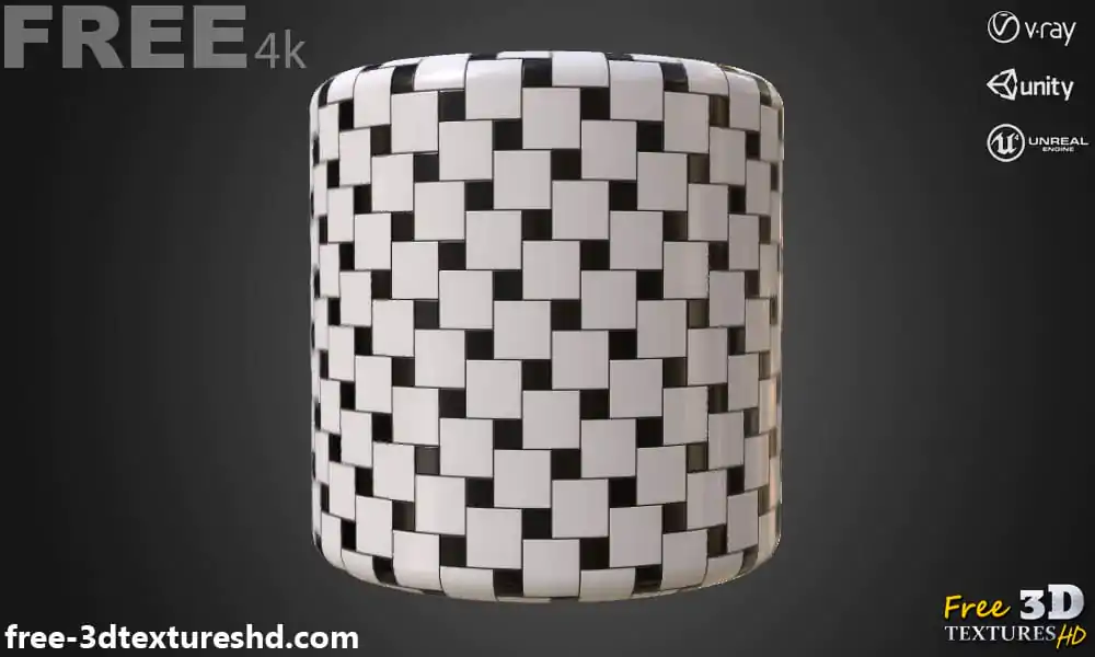 Black-and-white-square-ceramic-tile-PBR-texture-3D-free-download-High-resolution-Unity-Unreal-Vray-render-preview-cylindre