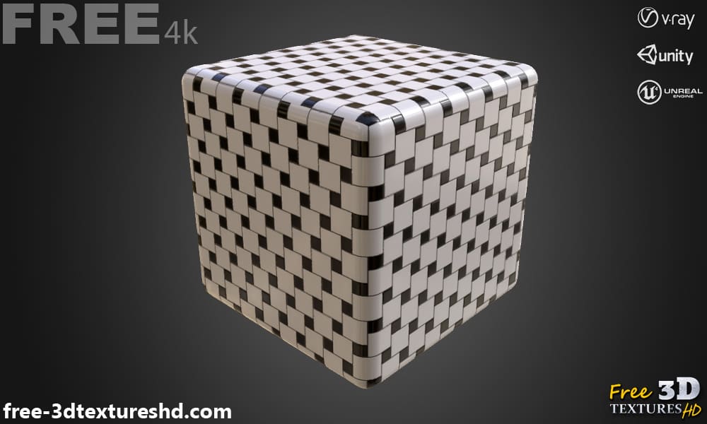 Carreaux de céramique carrés noirs et blancs, texture PBR 3D, haute résolution, HD 4K, téléchargement gratuit pour Unity, Unreal et V-Ray