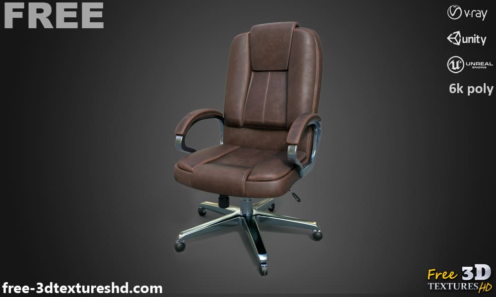 Modèle 3D low poly d'une chaise de bureau à domicile, cuir marron PBR pour Unity, Unreal et V-Ray, téléchargement gratuit, avec rendu et polycount