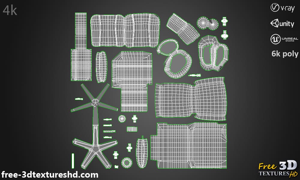 Modèle 3D low poly d'une chaise de bureau à domicile, cuir marron PBR pour Unity, Unreal et V-Ray, téléchargement gratuit, avec rendu et polycount