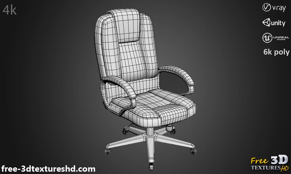 Modèle 3D low poly d'une chaise de bureau à domicile, cuir marron PBR pour Unity, Unreal et V-Ray, téléchargement gratuit, avec rendu et polycount