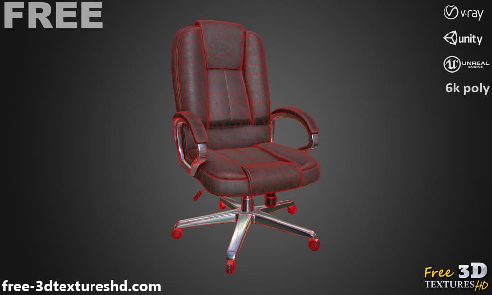 Modèle 3D low poly d'une chaise de bureau à domicile, cuir marron PBR pour Unity, Unreal et V-Ray, téléchargement gratuit, avec rendu et polycount
