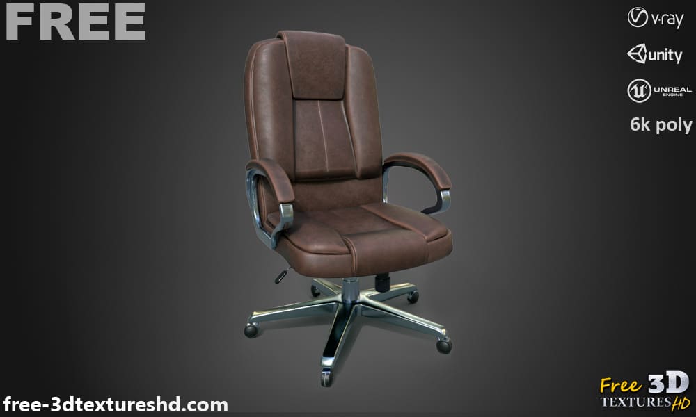 Modèle 3D low poly d'une chaise de bureau à domicile, cuir marron PBR pour Unity, Unreal et V-Ray, téléchargement gratuit, avec rendu et polycount