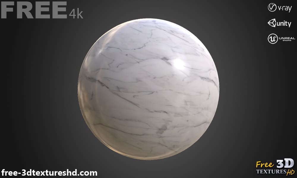 Texture PBR en marbre blanc 3D, haute résolution, téléchargement gratuit HD pour Unity, Unreal et V-Ray