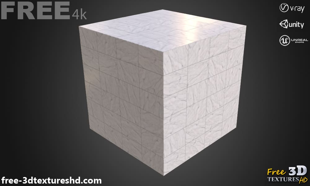 Texture PBR sans couture de carreaux de marbre blanc 3D, haute résolution, téléchargement gratuit HD pour Unity, Unreal et V-Ray