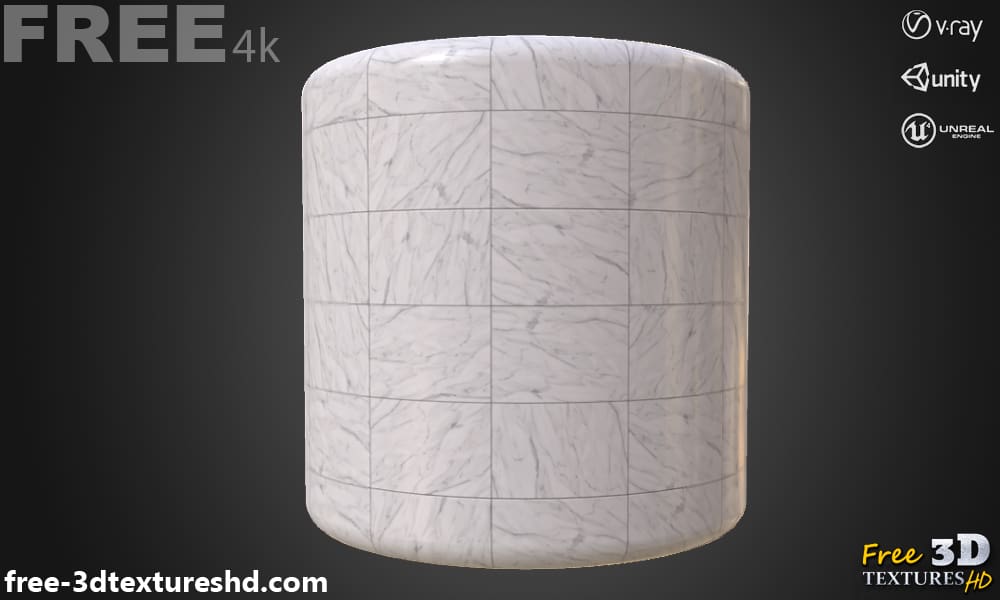 Texture PBR sans couture de carreaux de marbre blanc 3D, haute résolution, téléchargement gratuit HD pour Unity, Unreal et V-Ray