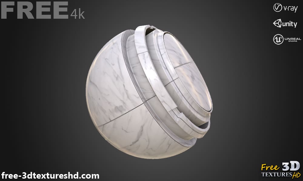 Texture PBR sans couture de carreaux de marbre blanc 3D, haute résolution, téléchargement gratuit HD pour Unity, Unreal et V-Ray