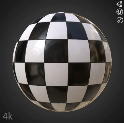 Ceramic black and white checkered square tiles seamless PBR texture 3D, high resolution, HD 4K free download for Unity, Unreal, and V-Ray