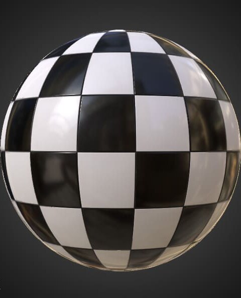 Ceramic black and white checkered square tiles seamless PBR texture 3D, high resolution, HD 4K free download for Unity, Unreal, and V-Ray