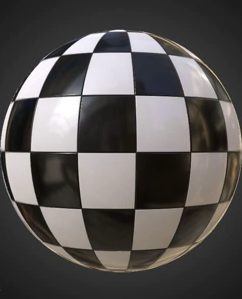 Ceramic black and white checkered square tiles seamless PBR texture 3D, high resolution, HD 4K free download for Unity, Unreal, and V-Ray