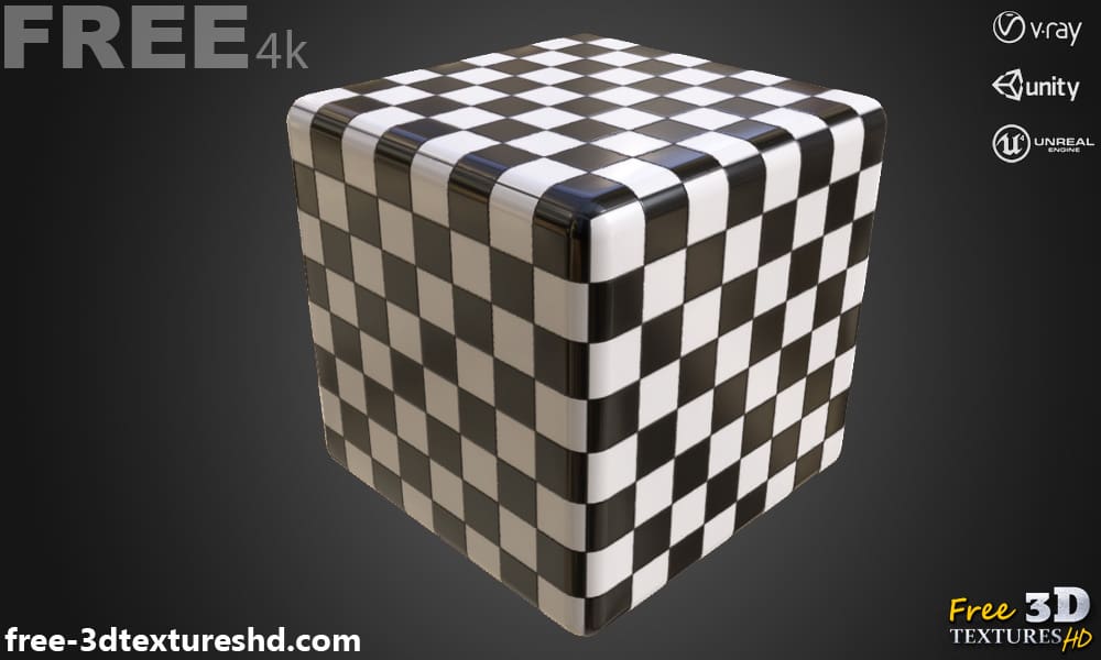 Ceramic black and white checkered square tiles seamless PBR texture 3D, high resolution, HD 4K free download for Unity, Unreal, and V-Ray