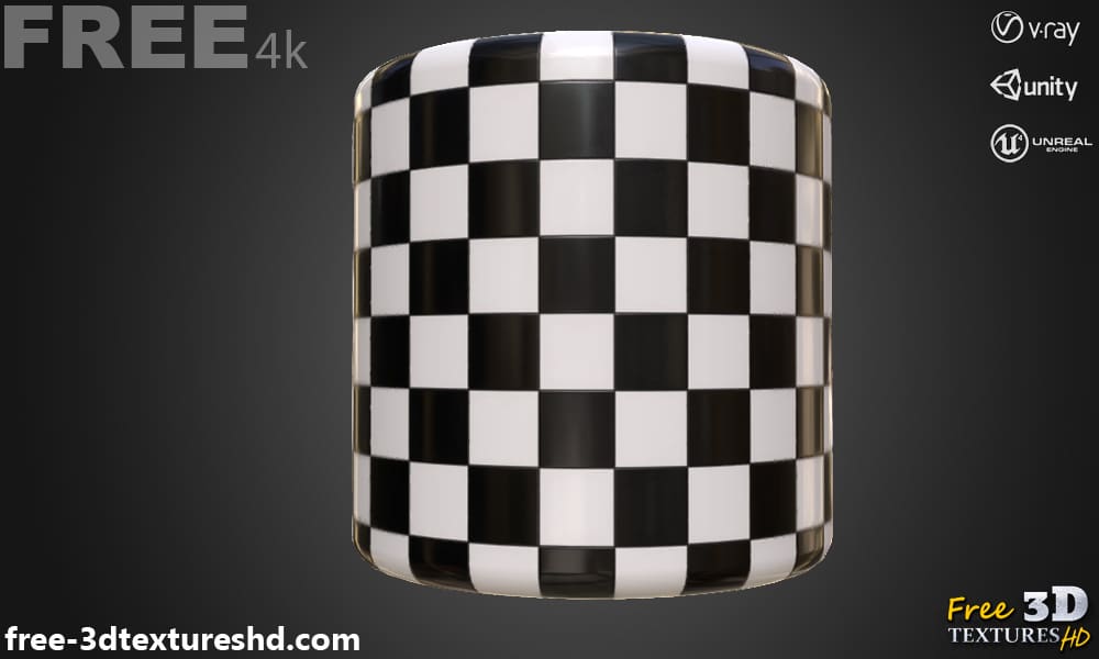 Ceramic black and white checkered square tiles seamless PBR texture 3D, high resolution, HD 4K free download for Unity, Unreal, and V-Ray