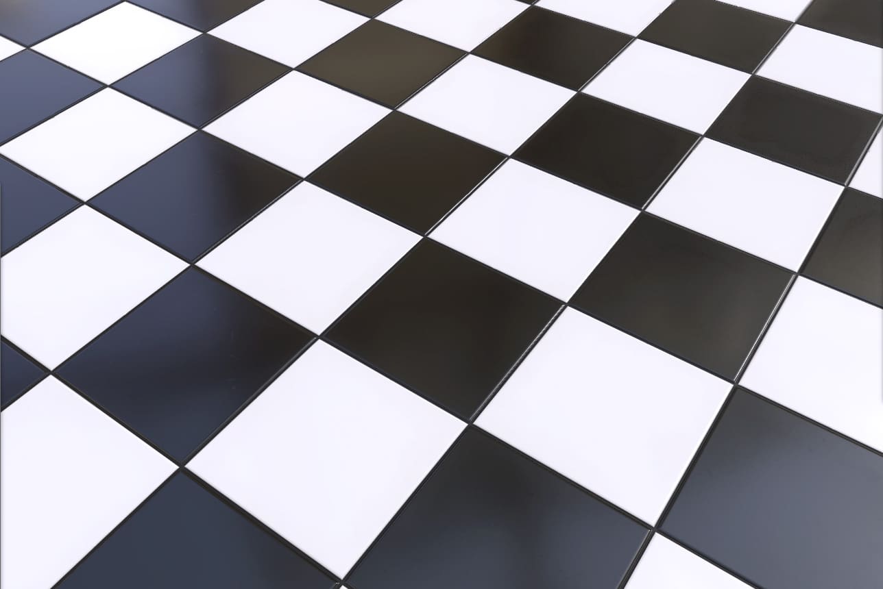 Ceramic black and white checkered square tiles seamless PBR texture 3D, high resolution, HD 4K free download for Unity, Unreal, and V-Ray