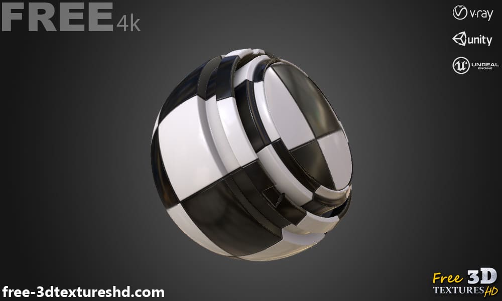Ceramic black and white checkered square tiles seamless PBR texture 3D, high resolution, HD 4K free download for Unity, Unreal, and V-Ray