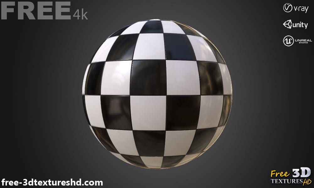 Ceramic black and white checkered square tiles seamless PBR texture 3D, high resolution, HD 4K free download for Unity, Unreal, and V-Ray