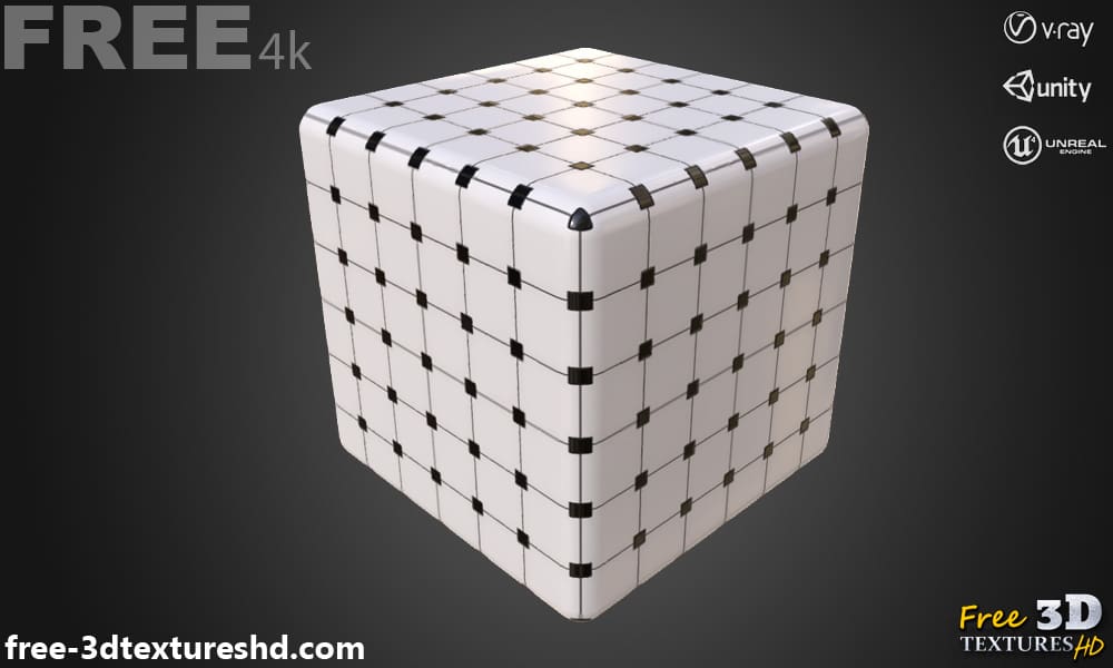 Carrelage en céramique noirs et blancs, texture PBR sans couture 3D, haute résolution, HD 4K, téléchargement gratuit pour Unity, Unreal et V-Ray