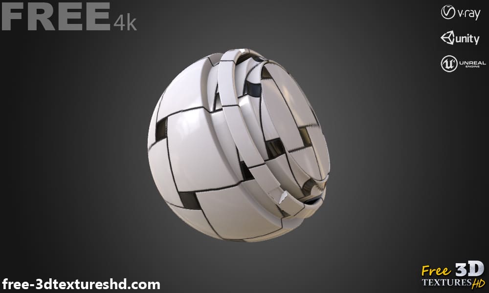 Carrelage en céramique noirs et blancs, texture PBR sans couture 3D, haute résolution, HD 4K, téléchargement gratuit pour Unity, Unreal et V-Ray
