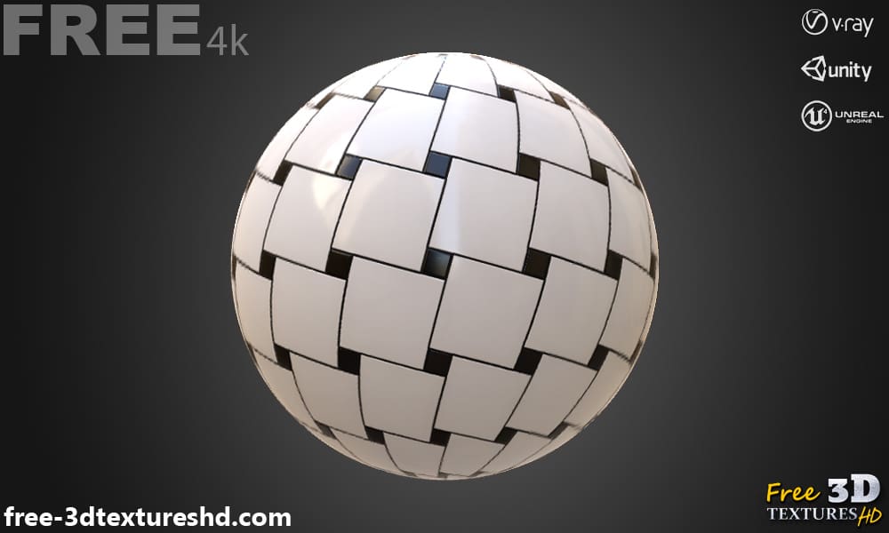 Carrelage en céramique noirs et blancs, texture PBR sans couture 3D, haute résolution, HD 4K, téléchargement gratuit pour Unity, Unreal et V-Ray