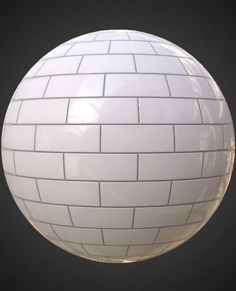Ceramic white brick wall tile seamless PBR texture 3D, high resolution, HD 4K free download for Unity, Unreal, and V-Ray