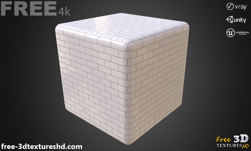 Carrelage mural en brique blanche en céramique, texture PBR sans couture 3D, haute résolution, HD 4K, téléchargement gratuit pour Unity, Unreal et V-Ray