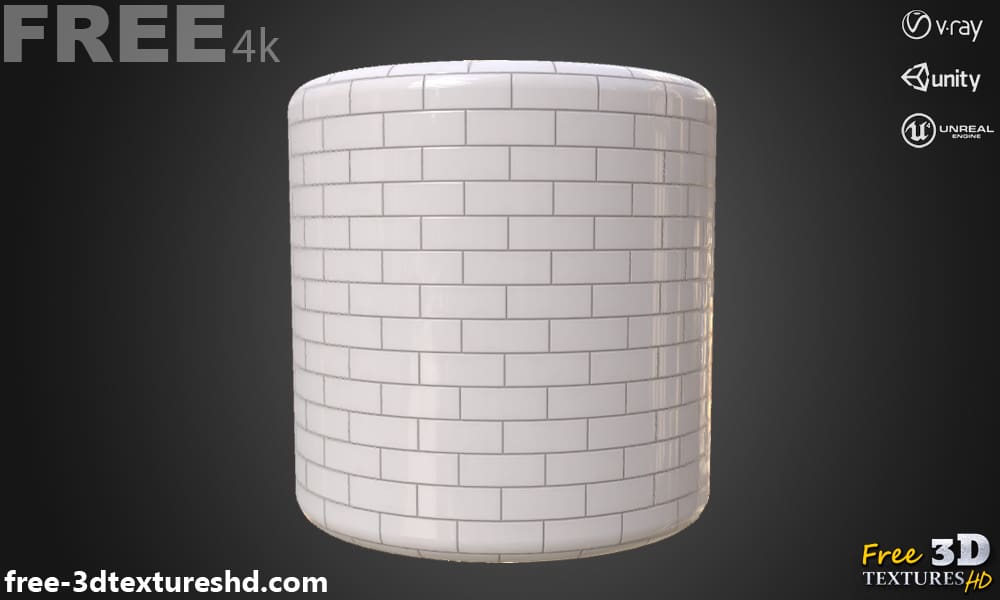 Carrelage mural en brique blanche en céramique, texture PBR sans couture 3D, haute résolution, HD 4K, téléchargement gratuit pour Unity, Unreal et V-Ray