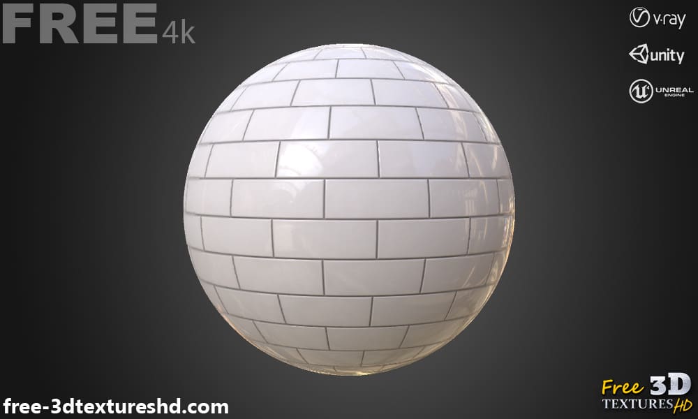 Carrelage mural en brique blanche en céramique, texture PBR sans couture 3D, haute résolution, HD 4K, téléchargement gratuit pour Unity, Unreal et V-Ray