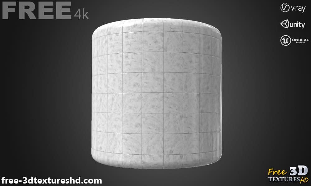 Carreaux de céramique en marbre blanc, texture PBR 3D, haute résolution, HD 4K, téléchargement gratuit pour Unity, Unreal et V-Ray