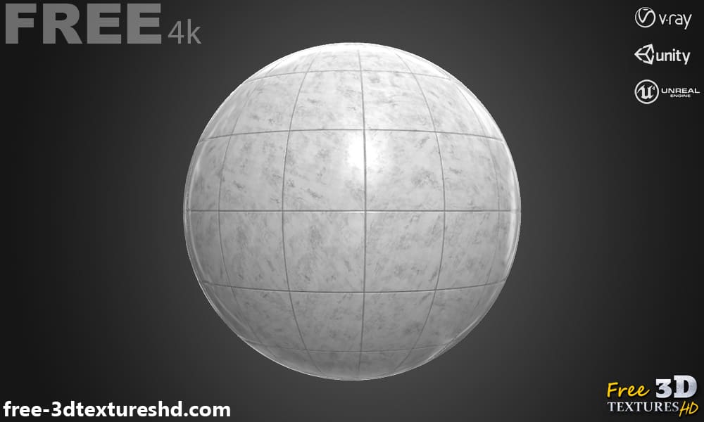 Carreaux de céramique en marbre blanc, texture PBR 3D, haute résolution, HD 4K, téléchargement gratuit pour Unity, Unreal et V-Ray