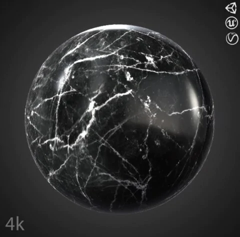 Black marble 3D texture PBR material, high resolution, HD 4K free download for Unity, Unreal, and V-Ray