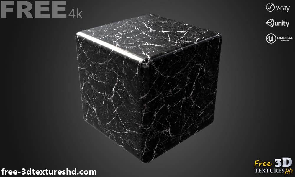 Matériau PBR à texture 3D en marbre noir, haute résolution, HD 4K, téléchargement gratuit pour Unity, Unreal et V-Ray