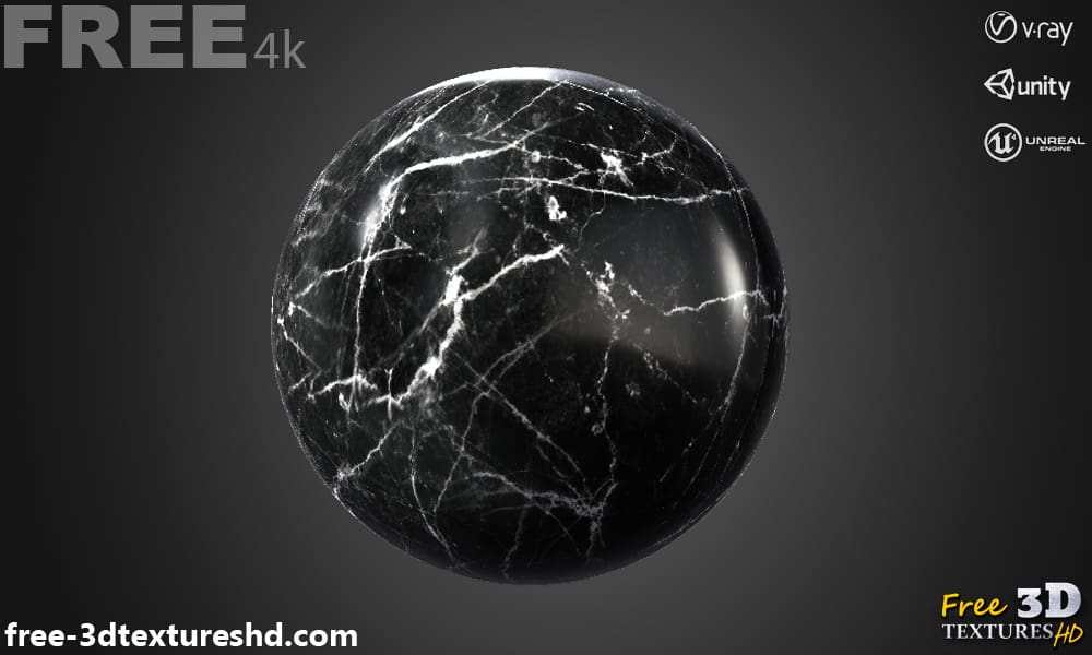 Matériau PBR à texture 3D en marbre noir, haute résolution, HD 4K, téléchargement gratuit pour Unity, Unreal et V-Ray