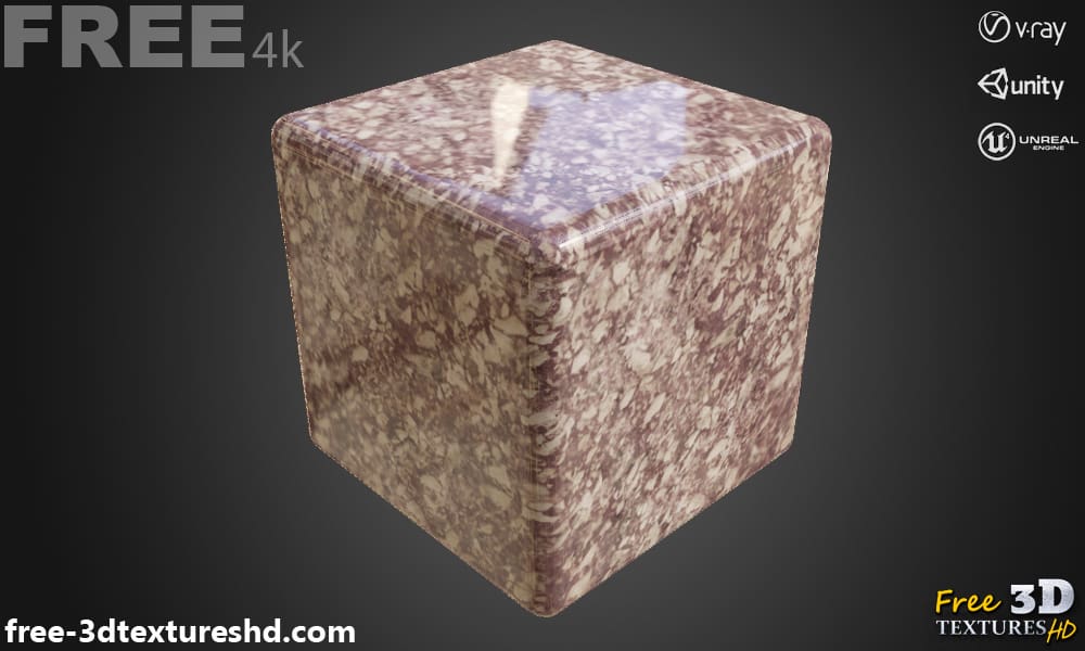 Matériau PBR à texture 3D en marbre rouge, haute résolution 4k HD téléchargement gratuit pour Unity, Unreal et V-Ray