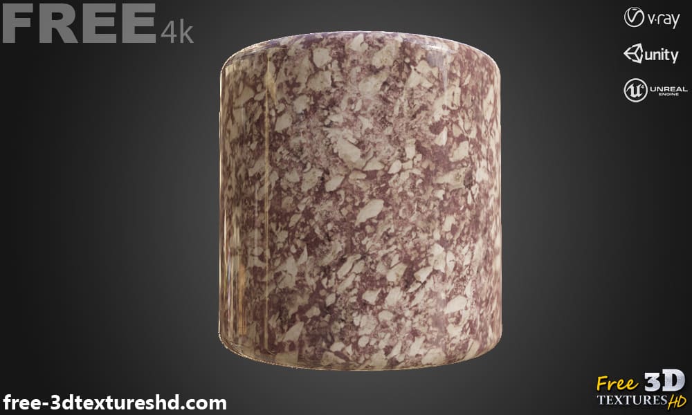 Matériau PBR à texture 3D en marbre rouge, haute résolution 4k HD téléchargement gratuit pour Unity, Unreal et V-Ray