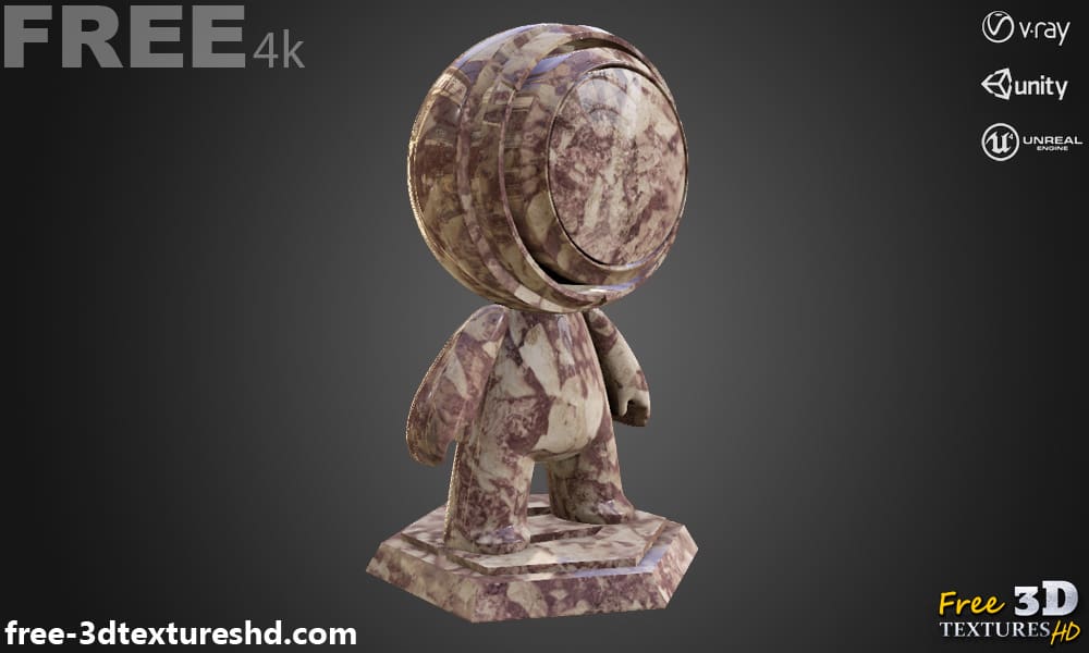 Matériau PBR à texture 3D en marbre rouge, haute résolution 4k HD téléchargement gratuit pour Unity, Unreal et V-Ray