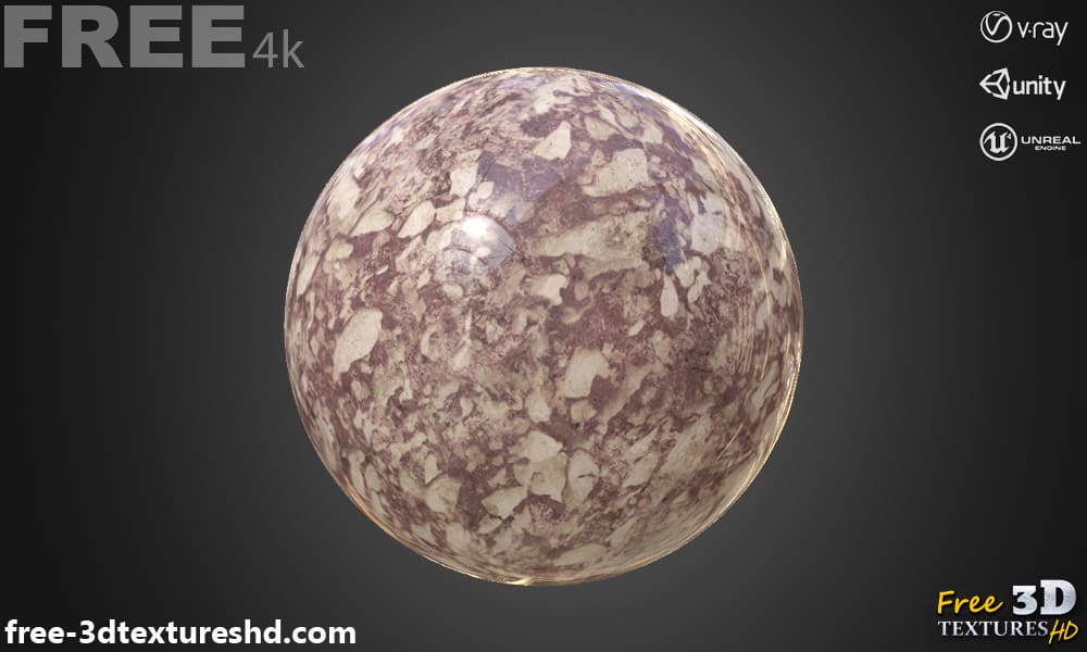 Matériau PBR à texture 3D en marbre rouge, haute résolution 4k HD téléchargement gratuit pour Unity, Unreal et V-Ray